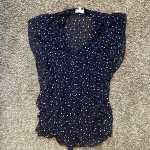 ☀️ 🇺🇸 Navy Polka Dot V-Neck Sheer Blouse with Flutter Sleeves